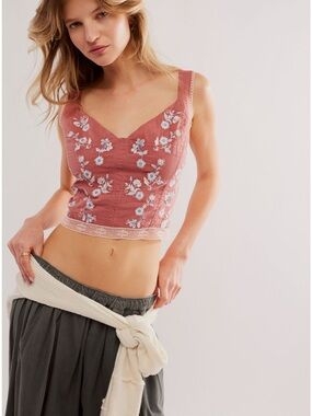 Free People Rose Dust Pink Floral Embroidered Crop Top